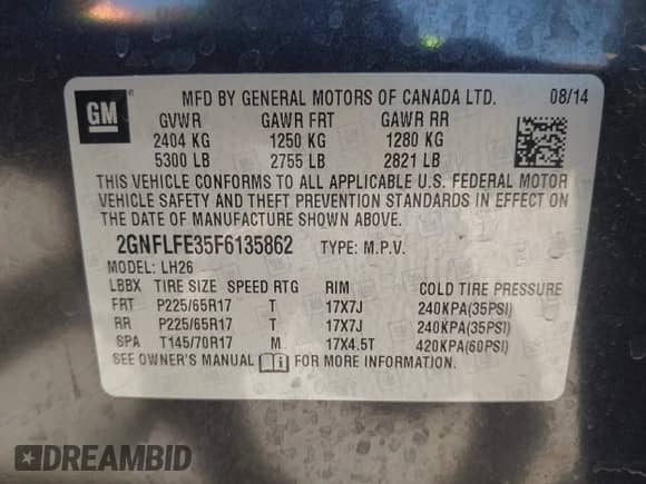 2015 Chevrolet Equinox LT with VIN 2GNFLFE35F6135862, listed as a IAAI auction lot 42573743 with 146,595 mi miles and . Bid and sale history available at DreamBid. Image 9.