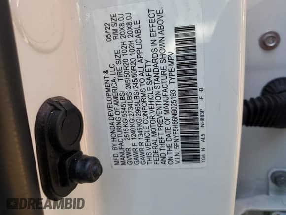 2022 Honda Pilot Touring 7-Passenger с VIN 5FNYF5H66NB025193, выставлен на аукционе Copart как лот 50054505 с пробегом 25 650 миль миль и Чистый • Clean title. История ставок и продаж доступна на DreamBid. Изображение 13.