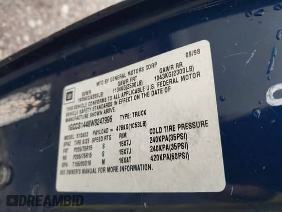 1998 Chevrolet S-10 LS с VIN 1GCCS1448W8247996, выставлен на аукционе IAAI как лот 41183910 с пробегом Не указан миль и . История ставок и продаж доступна на DreamBid. Изображение 9.