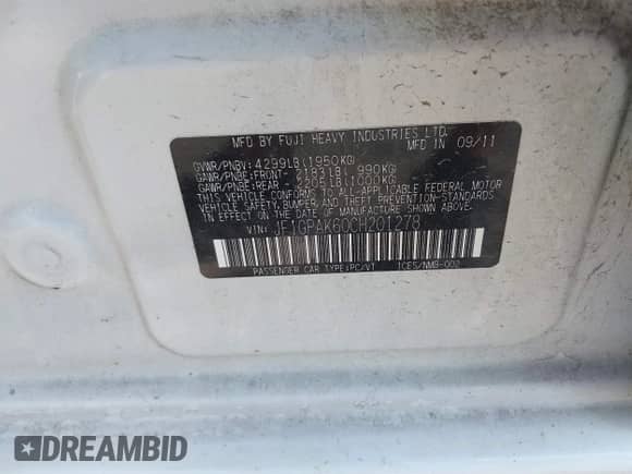 2012 Subaru Impreza Limited с VIN JF1GPAK60CH201278, выставлен на аукционе IAAI как лот 42827870 с пробегом 153 647 миль миль и . История ставок и продаж доступна на DreamBid. Изображение 9.