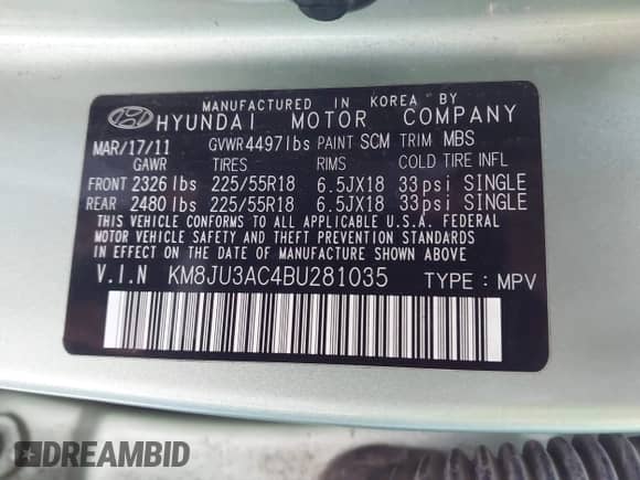 2011 Hyundai Tucson Limited with VIN KM8JU3AC4BU281035, listed as a IAAI auction lot 42795109 with 185,319 mi miles and . Bid and sale history available at DreamBid. Image 9.