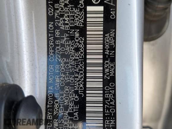 2012 Toyota Prius One with VIN JTDKN3DU2C1506842, listed as a Copart auction lot 85854875 with 174,922 mi miles and Salvage title. Bid and sale history available at DreamBid. Image 12.