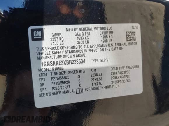 2011 Chevrolet Suburban LTZ with VIN 1GNSKKE3XBR233634, listed as a IAAI auction lot 43359509 with 240,336 mi miles and . Bid and sale history available at DreamBid. Image 9.