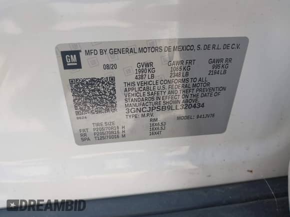 2020 Chevrolet Trax LT с VIN 3GNCJPSB9LL320434, выставлен на аукционе IAAI как лот 42697879 с пробегом 30 679 миль миль и . История ставок и продаж доступна на DreamBid. Изображение 9.