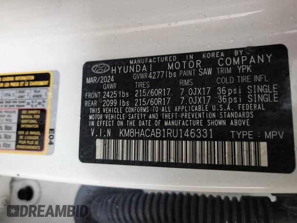 2024 Hyundai Kona SE с VIN KM8HACAB1RU146331, выставлен на аукционе IAAI как лот 42339441 с пробегом 6 877 миль миль и . История ставок и продаж доступна на DreamBid. Изображение 1.