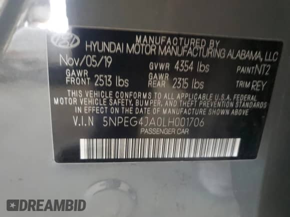 2020 Hyundai Sonata SE с VIN 5NPEG4JA0LH001706, выставлен на аукционе Copart как лот 85744515 с пробегом 65 295 миль миль и На запчасти • Non repairable. История ставок и продаж доступна на DreamBid. Изображение 12.