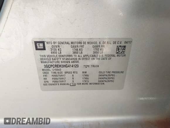 2017 Chevrolet Silverado 1500 LT with VIN 3GCPCREH3HG414129, listed as a IAAI auction lot 43456728 with 163,489 mi miles and . Bid and sale history available at DreamBid. Image 9.