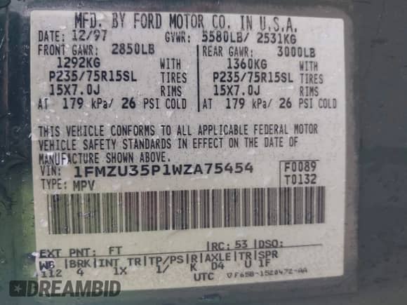 1998 Ford Explorer XLT с VIN 1FMZU35P1WZA75454, выставлен на аукционе IAAI как лот 42360349 с пробегом 169 560 миль миль и . История ставок и продаж доступна на DreamBid. Изображение 9.