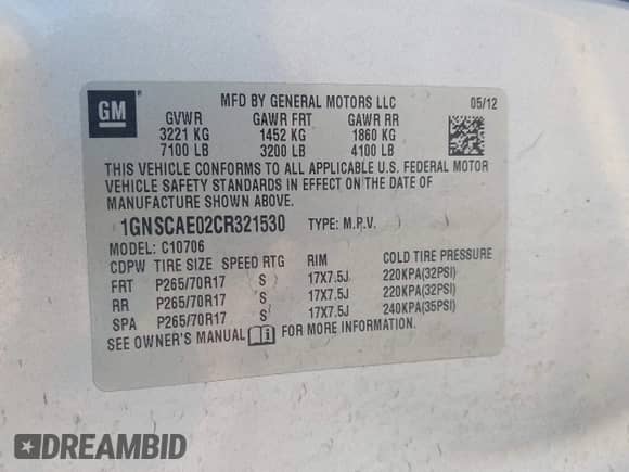 2012 Chevrolet Tahoe LS с VIN 1GNSCAE02CR321530, выставлен на аукционе IAAI как лот 42552901 с пробегом 206 840 миль миль и . История ставок и продаж доступна на DreamBid. Изображение 9.