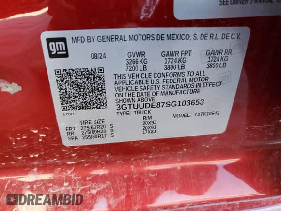 2025 GMC Sierra 1500 SLT z VIN 3GTUUDE87SG103653, wystawiony jako Copart lot #87298295 z przebiegiem Nie podano mil oraz Szkoda całkowita • Salvage title. Historia ofert i sprzedaży dostępna na DreamBid. Obrazek 12.