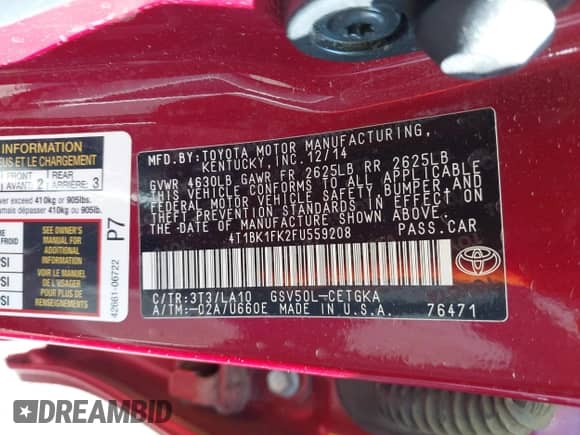 2015 Toyota Camry XSE z VIN 4T1BK1FK2FU559208, wystawiony jako IAAI lot #43346979 z przebiegiem 115 033 mil mil oraz . Historia ofert i sprzedaży dostępna na DreamBid. Obrazek 9.