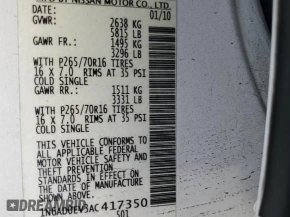 2010 Nissan Frontier SE with VIN 1N6AD0EV3AC417350, listed as a Copart auction lot 70182575 with 142,855 mi miles and Salvage title. Bid and sale history available at DreamBid. Image 12.