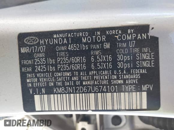 2007 Hyundai Tucson SE with VIN KM8JN12D67U674101, listed as a IAAI auction lot 43503952 with 197,306 mi miles and . Bid and sale history available at DreamBid. Image 9.