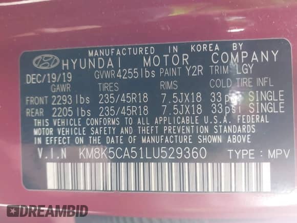 2020 Hyundai Kona Ultimate with VIN KM8K5CA51LU529360, listed as a IAAI auction lot 42559418 with 54,802 mi miles and . Bid and sale history available at DreamBid. Image 9.