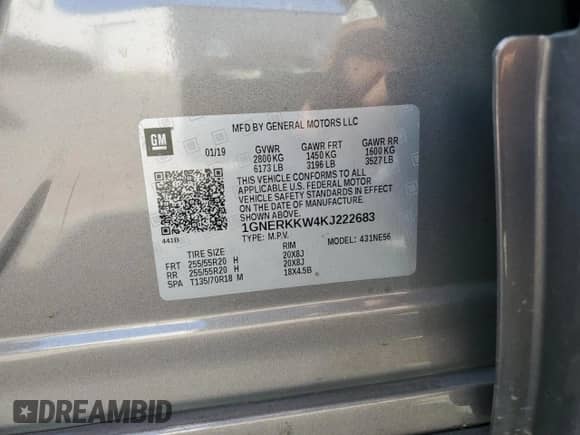 2019 Chevrolet Traverse Premier with VIN 1GNERKKW4KJ222683, listed as a Copart auction lot 64600875 with 120,191 mi miles and Salvage title. Bid and sale history available at DreamBid. Image 13.