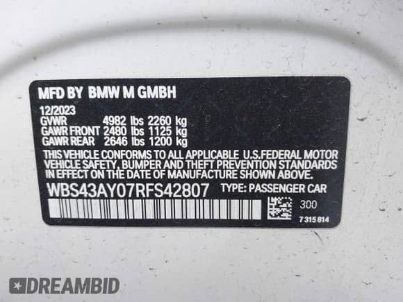 2024 BMW M3 Competition xDrive with VIN WBS43AY07RFS42807, listed as a IAAI auction lot 41678678 with 3,394 mi miles and . Bid and sale history available at DreamBid. Image 9.