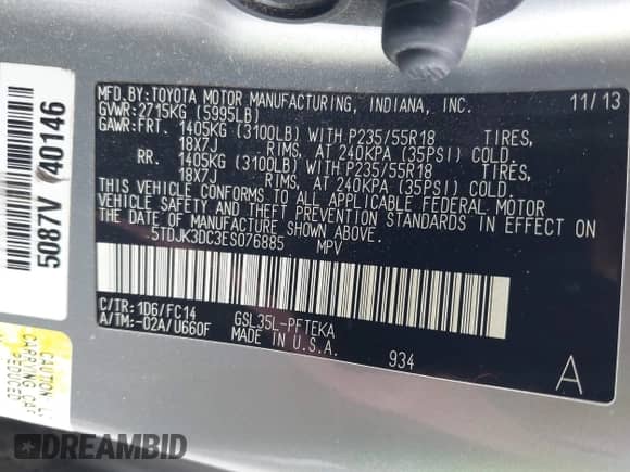 2014 Toyota Sienna LE z VIN 5TDJK3DC3ES076885, wystawiony jako IAAI lot #42222039 z przebiegiem 177 167 mil mil oraz . Historia ofert i sprzedaży dostępna na DreamBid. Obrazek 9.