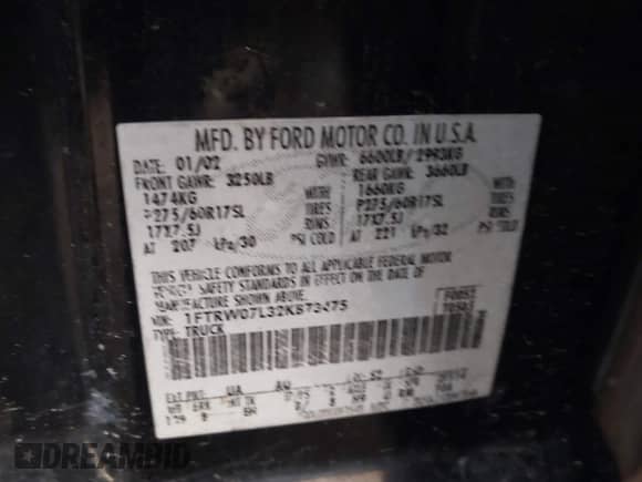 2002 Ford F-150 XLT с VIN 1FTRW07L32KB73475, выставлен на аукционе IAAI как лот 43402556 с пробегом 157 165 миль миль и . История ставок и продаж доступна на DreamBid. Изображение 9.