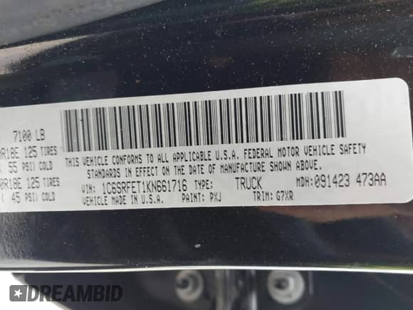 2019 Ram 1500 Rebel with VIN 1C6SRFET1KN661716, listed as a IAAI auction lot 42729472 with 140,280 mi miles and . Bid and sale history available at DreamBid. Image 9.