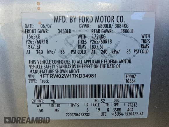 2007 Ford F-150 XLT с VIN 1FTRW02W17KD34981, выставлен на аукционе Copart как лот 74465794 с пробегом 259 156 миль миль и Чистый • Clean title. История ставок и продаж доступна на DreamBid. Изображение 12.