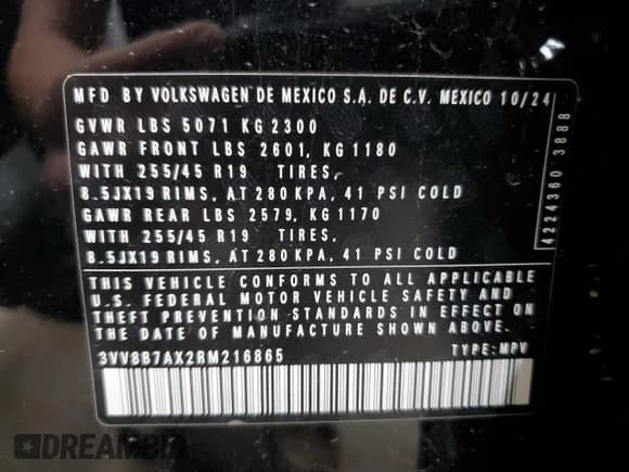 2024 Volkswagen Tiguan SE R-Line Black с VIN 3VV8B7AX2RM216865, выставлен на аукционе Copart как лот 60512595 с пробегом 3 277 миль миль и Чистый • Clean title. История ставок и продаж доступна на DreamBid. Изображение 13.