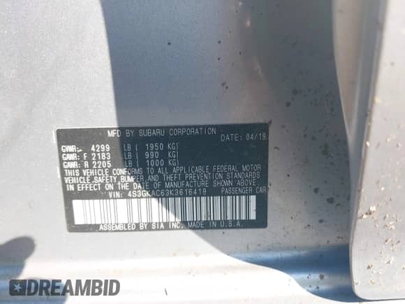 2019 Subaru Impreza Premium с VIN 4S3GKAC63K3616419, выставлен на аукционе IAAI как лот 43229167 с пробегом 101 435 миль миль и . История ставок и продаж доступна на DreamBid. Изображение 9.