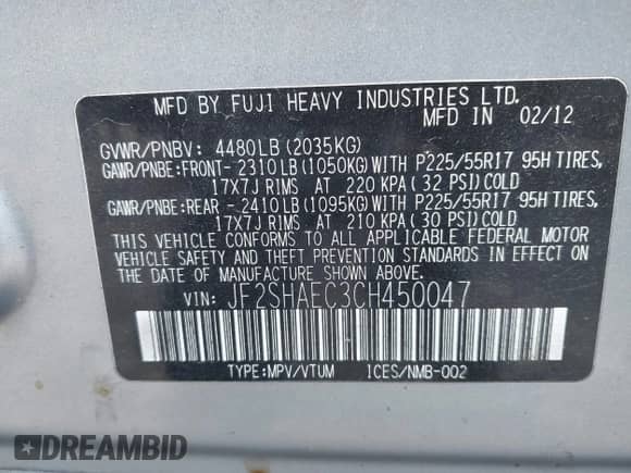 2012 Subaru Forester X Limited z VIN JF2SHAEC3CH450047, wystawiony jako IAAI lot #43489172 z przebiegiem 128 132 mil mil oraz . Historia ofert i sprzedaży dostępna na DreamBid. Obrazek 9.