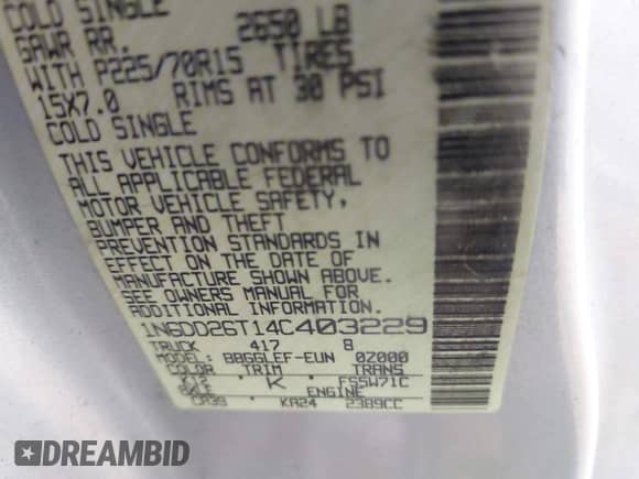 2004 Nissan Frontier XE with VIN 1N6DD26T14C403229, listed as a IAAI auction lot 43018317 with 478,647 mi miles and . Bid and sale history available at DreamBid. Image 9.