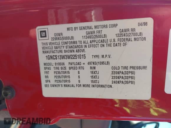 1998 Chevrolet Blazer LS с VIN 1GNCS13W3W2251015, выставлен на аукционе IAAI как лот 43497810 с пробегом 177 248 миль миль и . История ставок и продаж доступна на DreamBid. Изображение 9.