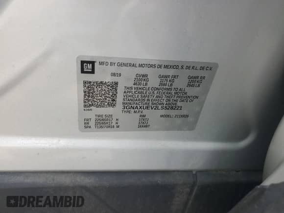 2020 Chevrolet Equinox LT z VIN 3GNAXUEV2LS528221, wystawiony jako Copart lot #65551805 z przebiegiem Nie podano mil oraz Szkoda całkowita • Salvage title. Historia ofert i sprzedaży dostępna na DreamBid. Obrazek 13.