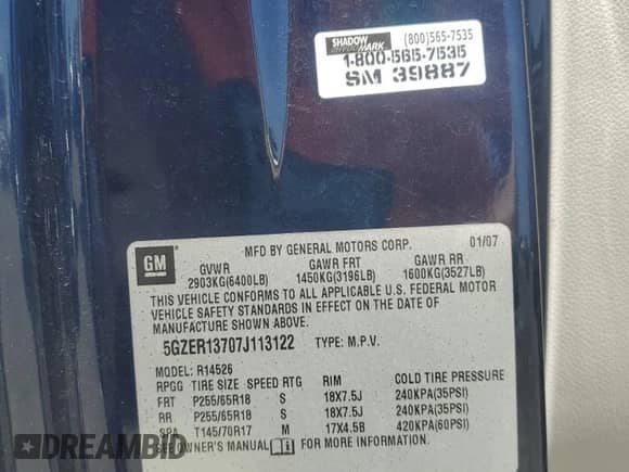 2007 Saturn Outlook XE с VIN 5GZER13707J113122, выставлен на аукционе Copart как лот 57472165 с пробегом Не указан миль и Чистый • Clean title. История ставок и продаж доступна на DreamBid. Изображение 13.