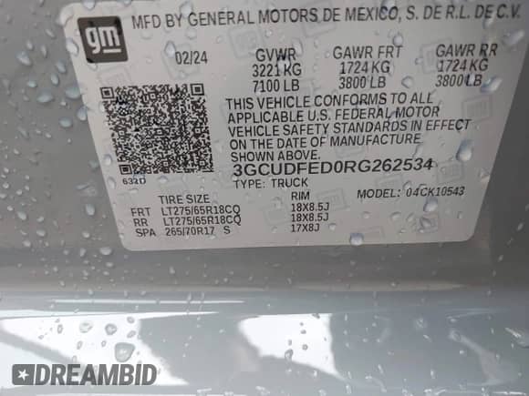2024 Chevrolet Silverado 1500 LT Trail Boss z VIN 3GCUDFED0RG262534, wystawiony jako IAAI lot #43041798 z przebiegiem 13 436 mil mil oraz . Historia ofert i sprzedaży dostępna na DreamBid. Obrazek 9.