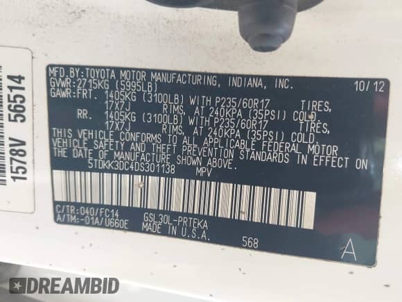 2013 Toyota Sienna LE AAS with VIN 5TDKK3DC4DS301138, listed as a IAAI auction lot 43215517 with 245,377 mi miles and . Bid and sale history available at DreamBid. Image 9.