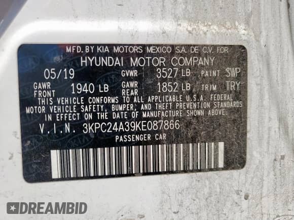 2019 Hyundai Accent SE z VIN 3KPC24A39KE087866, wystawiony jako Copart lot #68671285 z przebiegiem 79 246 mil mil oraz Nie do naprawy • Non repairable. Historia ofert i sprzedaży dostępna na DreamBid. Obrazek 12.