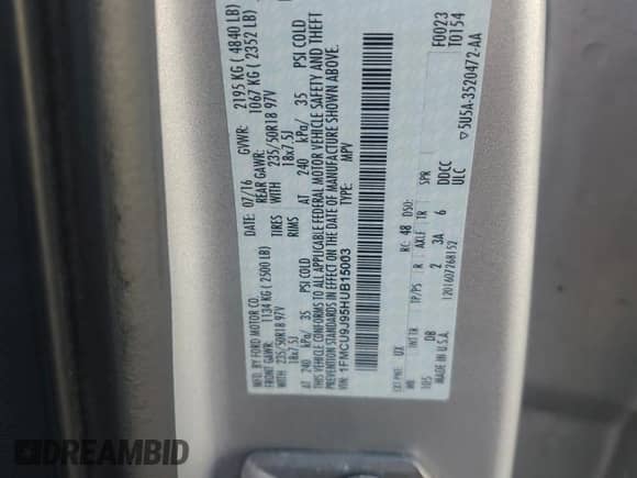 2017 Ford Escape Titanium с VIN 1FMCU9J95HUB15003, выставлен на аукционе Copart как лот 82303015 с пробегом 102 393 миль миль и Чистый • Clean title. История ставок и продаж доступна на DreamBid. Изображение 13.