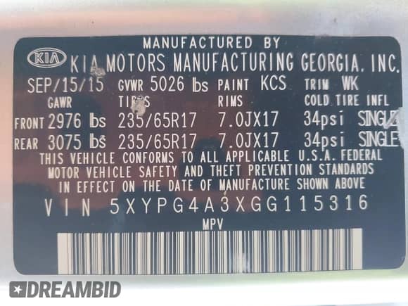 2016 Kia Sorento L with VIN 5XYPG4A3XGG115316, listed as a IAAI auction lot 42024875 with 148,523 mi miles and . Bid and sale history available at DreamBid. Image 9.