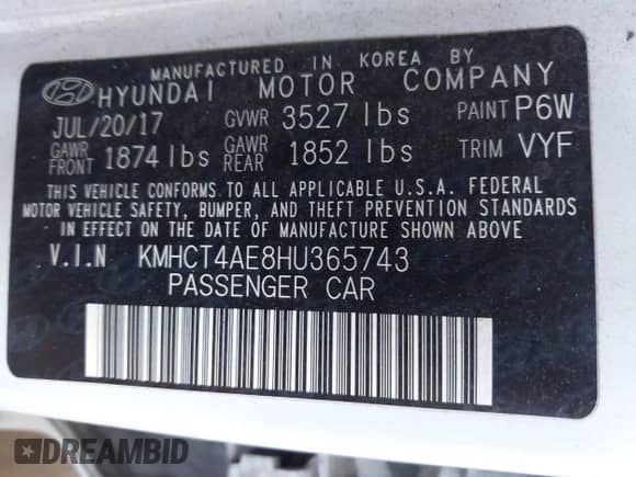 2017 Hyundai Accent SE z VIN KMHCT4AE8HU365743, wystawiony jako IAAI lot #42976548 z przebiegiem 187 938 mil mil oraz . Historia ofert i sprzedaży dostępna na DreamBid. Obrazek 9.