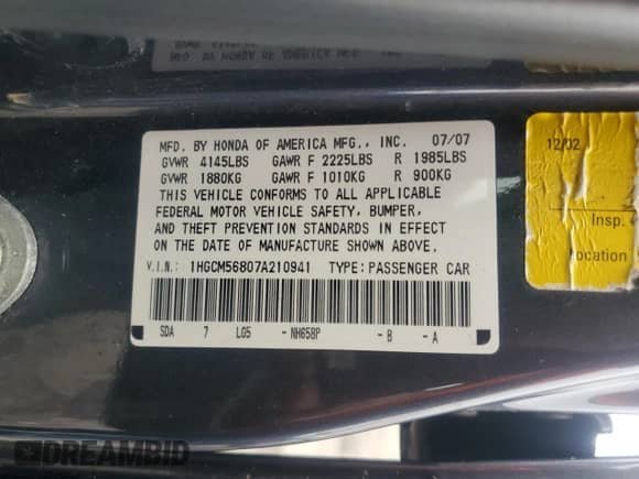 2007 Honda Accord EX-L с VIN 1HGCM56807A210941, выставлен на аукционе Copart как лот 69447445 с пробегом 421 705 миль миль и Списание • Salvage title. История ставок и продаж доступна на DreamBid. Изображение 12.