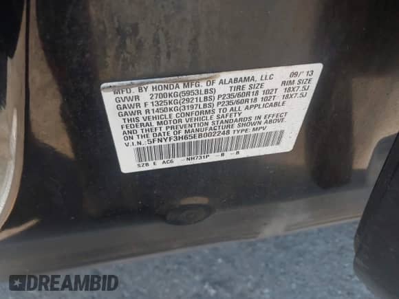 2014 Honda Pilot EX-L z VIN 5FNYF3H65EB002248, wystawiony jako IAAI lot #41689850 z przebiegiem 157 234 mil mil oraz . Historia ofert i sprzedaży dostępna na DreamBid. Obrazek 9.