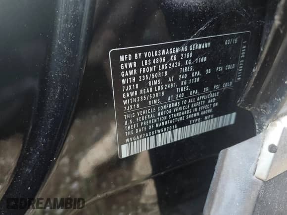 2015 Volkswagen Tiguan S with VIN WVGAV7AX6FW592015, listed as a IAAI auction lot 41897520 with 104,355 mi miles and . Bid and sale history available at DreamBid. Image 9.