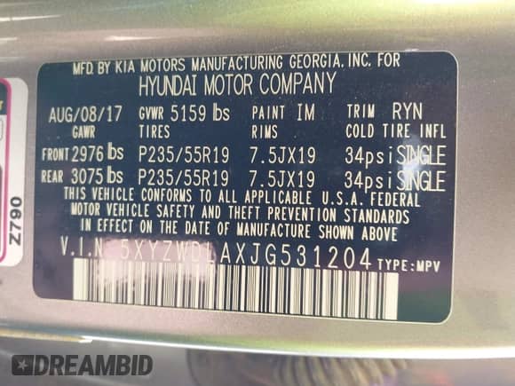 2018 Hyundai Santa Fe Ultimate with VIN 5XYZWDLAXJG531204, listed as a IAAI auction lot 42473418 with 90,726 mi miles and . Bid and sale history available at DreamBid. Image 9.