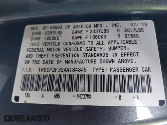 2010 Honda Accord LX with VIN 1HGCP2F32AA184845, listed as a IAAI auction lot 41208896 with 161,887 mi miles and . Bid and sale history available at DreamBid. Image 9.