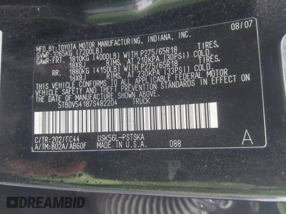 2007 Toyota Tundra SR5 with VIN 5TBDV54187S482204, listed as a IAAI auction lot 43042251 with 204,886 mi miles and . Bid and sale history available at DreamBid. Image 9.