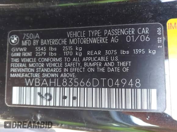 2006 BMW 7 Series 750i с VIN WBAHL83566DT04948, выставлен на аукционе IAAI как лот 41857813 с пробегом 239 691 миль миль и . История ставок и продаж доступна на DreamBid. Изображение 9.