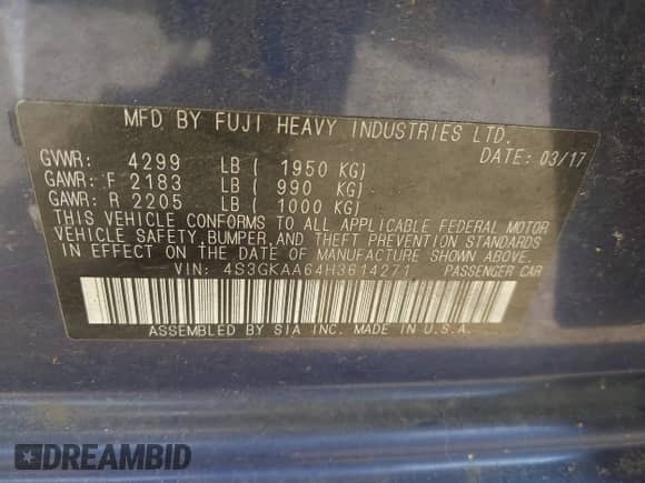 2017 Subaru Impreza with VIN 4S3GKAA64H3614271, listed as a IAAI auction lot 42658269 with 118,934 mi miles and . Bid and sale history available at DreamBid. Image 9.
