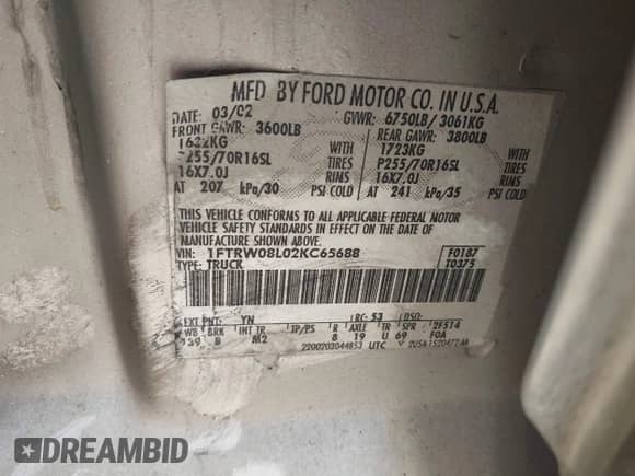 2002 Ford F-150 XLT с VIN 1FTRW08L02KC65688, выставлен на аукционе IAAI как лот 43464806 с пробегом Не указан миль и . История ставок и продаж доступна на DreamBid. Изображение 9.