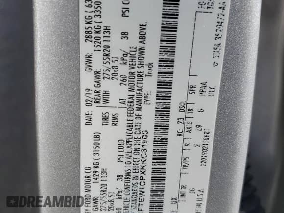 2019 Ford F-150 XLT с VIN 1FTEW1CPXKKC81900, выставлен на аукционе Copart как лот 71236885 с пробегом 101 320 миль миль и Списание • Salvage title. История ставок и продаж доступна на DreamBid. Изображение 12.