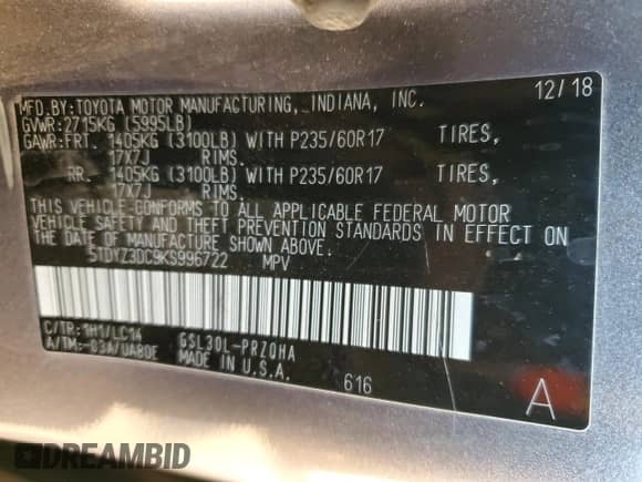 2019 Toyota Sienna XLE Auto Access Seat with VIN 5TDYZ3DC9KS996722, listed as a Copart auction lot 89141745 with 44,001 mi miles and Salvage title. Bid and sale history available at DreamBid. Image 13.