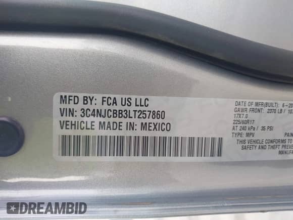 2020 Jeep Compass Latitude z VIN 3C4NJCBB3LT257860, wystawiony jako IAAI lot #41601408 z przebiegiem 72 364 mil mil oraz . Historia ofert i sprzedaży dostępna na DreamBid. Obrazek 9.
