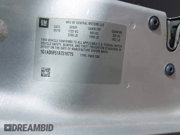 2010 Chevrolet Cobalt 1LT с VIN 1G1AD5F51A7218779, выставлен на аукционе IAAI как лот 43487695 с пробегом 234 662 миль миль и . История ставок и продаж доступна на DreamBid. Изображение 9.